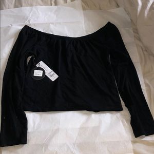 Of the shoulder rouged top black long sleeve